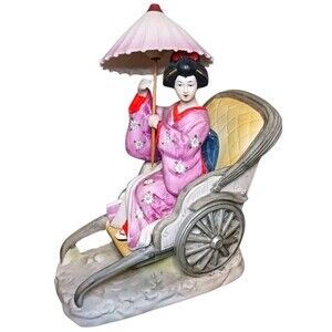 VTG Japanese Geisha Asian Woman Riding In Rickshaw Oriental Figurine Japan Made